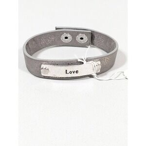 Splendid Iris Gray Faux Leather Love Silver Tone Bar ID Snap Cuff Bracelet 7.5"